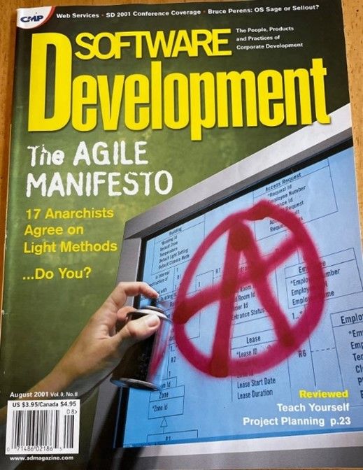 Software Development magazine cover with headline The Agile Manifesto: 17 anarchists agree on light methods...Do you agree?